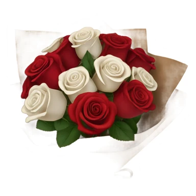 Rose bouquet wrapped in brown paper, red and white roses. The paper must show at the back and the bow must be rope. White and res roses. Just a bit bigger sticker