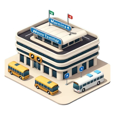 A 3D cartoon bus terminal with multiple buses parked, roofed structure, and directional signs, Memoji-style. sticker