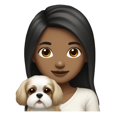 Tan girl, with long black hair, holding white shih tzu with light brown spots sticker