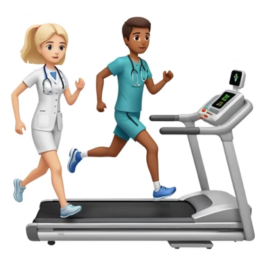 patient running on a treadmill, heart monitor display, and a doctor nearby sticker