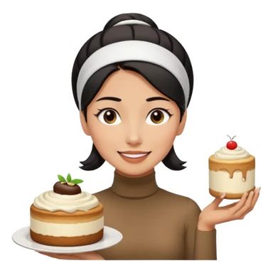  tan skin woman with long face, and short black hair slicked back ponytail with forehead showing, white headband, wearing white turtleneck shirt, eating tiramisu smiling with middle parted hair sticker