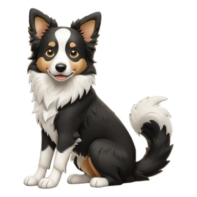 cinematic-[border collie dog]-realistic-full-body-sitting-emoji,-tail-resting-loosely-beside-its-paws,-head-tilted-dramatically,-scruffy-[black and white]-fur,-simplified-yet-realistic-focused-features,-highly-detailed,-glowing-with-an-almost-sarcastic-glow sticker