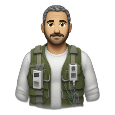 man with keffiyeh wearing bulky vest with electrical wires connecting pockets sticker