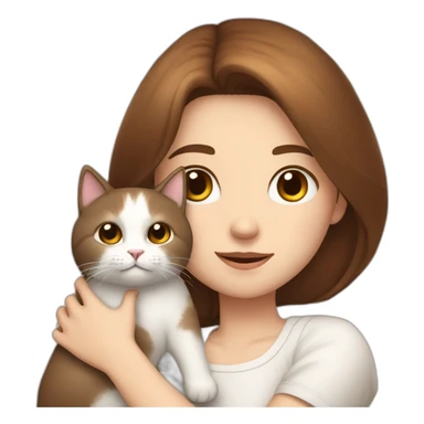 A girl with brown straight hair and a white fluffy cat lying in her arms with eyes of different colors sticker