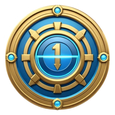 Futuristic anniversary medal badge, circular emblem with embossed Roman numeral I, metallic gold finish with electric blue glow accents, subtle outer energy ring, sci-fi web3 game UI style, polished 3D game asset, dark background, centered composition, high detail sticker