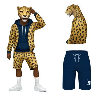 Leopard standing on two feet and having a ralp louren navy blir sip up hoodie on and white shorts  sticker