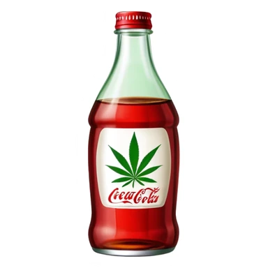 Curved red glass bottle similar to Coca-Cola style with a green cannabis leaf printed on it and a label sticker