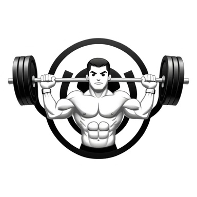 Powerlifting emblem featuring a stylized barbell with heavy weights on each side, flanked by muscular arms gripping the bar. The design is bold and dynamic, symbolizing strength and determination. The background is minimal, focusing on the emblem itself, with a sleek and professional look.  sticker