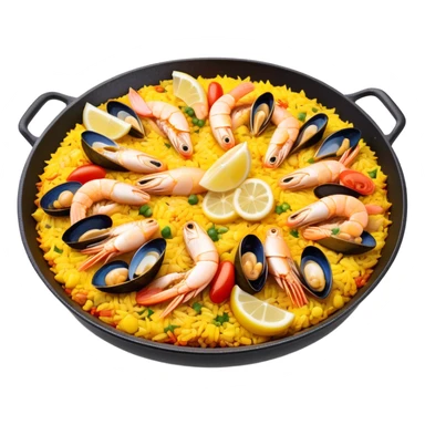 cinematic-realistic-paella-dish-emoji,-depicted-as-a-vibrant,-aromatic-rice-dish-loaded-with-seafood,-chicken,-and-saffron-rendered-with-rich-textures-and-dynamic,-warm-lighting with a lemon slice in the middle sticker