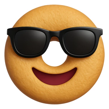 Make the dough a perfect circle with holes like a classic donut, add a textured surface, and use the same black sunglasses as the cool emoji on iPhone. Keep the background transparent. The style should resemble the iPhone emoji style with a clean and polished look. sticker