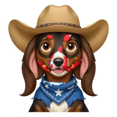 mostly black with some brown long hair daschund with a cowboy hat, ears curl out a bit and bandana and tongue slightly out sticker