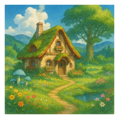 a cozy cottage in a magical landscape, Ghibli style sticker
