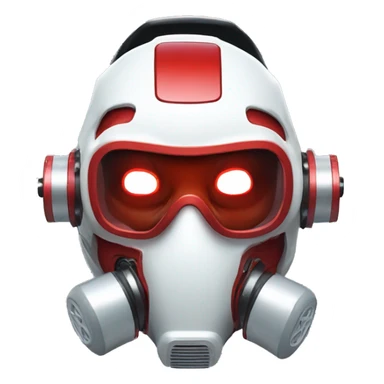 Red skin cyborg head with white respirator mask and circuitry sticker