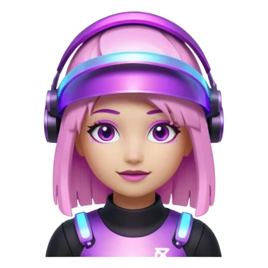 “Futuristic Roblox girl emoji, 2050 style. Pink-purple holo visor, light-strand hair, digital eyes sparkle, metallic pastel glow, neon aura background.” sticker