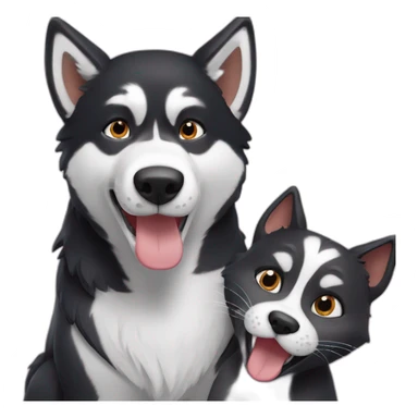 Un husky noir qui prend un selfie avec un chat roux sticker