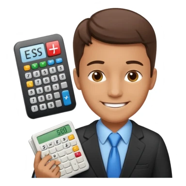 emoji, of a male AUDITOR smiling with Finance spreadsheet , a calculator,plus ADD A puzzle and a Balance for accounting. sticker