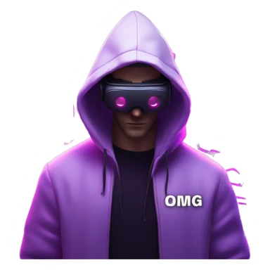 Russian man wearing a black hoodie with "OMG" letters on it and VR headset in a cyberpunk VR environment with violet neon lighting. sticker