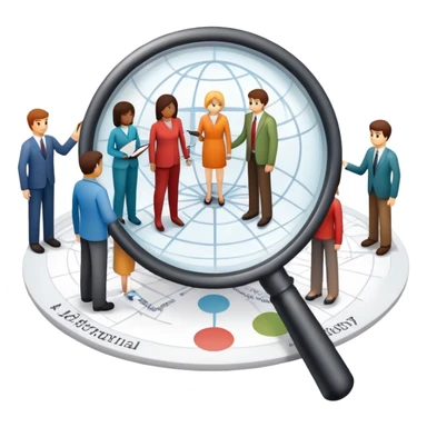 An icon featuring a group of diverse people, a social network diagram, and a magnifying glass, symbolizing sociology. The design includes charts and interconnected lines, representing the study of societies, relationships, and social behavior. Transparent background highlights social analysis. sticker