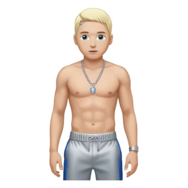 Eminem with blonde hair, shirtless with necklace, metallic silver pants, blue eyes sticker