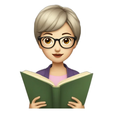 Chinese short-haired girl with mushroom head wearing glasses and reading a book sticker