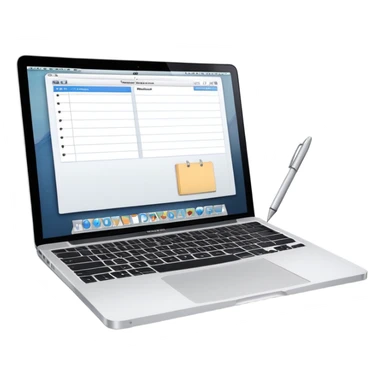 MacBook with online booking system and classic paper notebook with pen side by side, both objects fully visible, no background, no cut-off edges sticker