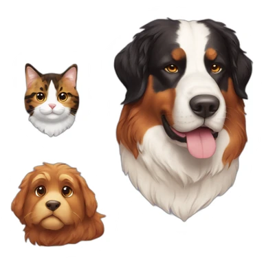 A Bernese dog next to A tortoiseshell cat without white sticker