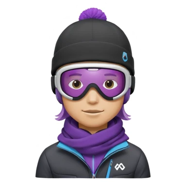 Pro Snowboarder with white and grey beanie, ONE pair of purple and blue frameless goggles on and a black jacket sticker