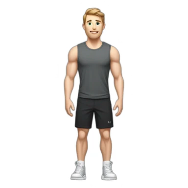 Full height Actively gesturing with hands Pale skinned Fit Man With the biceps and brown hair in dark gray Sleeveless Mike, black oversize sports shorts and white Sneakers sticker
