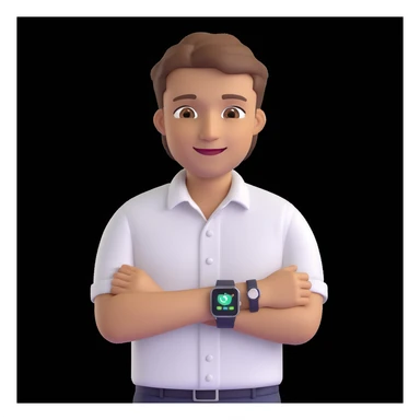 apple-style 3D emoji avatar of a fair, handsome young man with light brown hair, brown eyes, bright smile, wearing white button-up shirt, smartwatch, creative tech-savvy vibe, dark background sticker