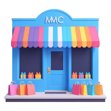 friendly storefront with striped awning and shopping bags at the entrance, pastel colors sticker