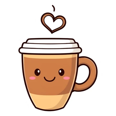 smiling hot coffee cup with heart-shaped steam, different cup design, mocha brown tones, kawaii soft hand-drawn sticker