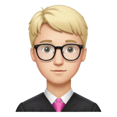 A blonde-haired young white man, wearing glasses, in the middle of his graduation with black and pink theme sticker