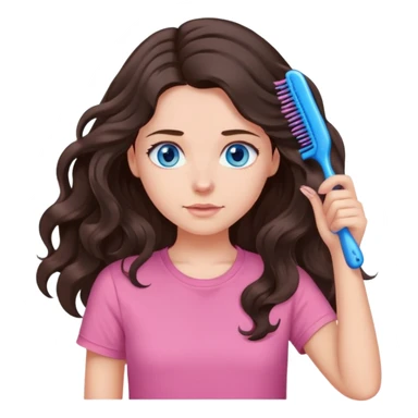 Девушка с голубыми глазами темно коричневыми длинными волнистыми волосами в розовой футболке держит расчесывает волосы sticker