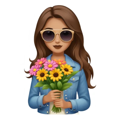 cool girl with long brown hair holding a bouquet of flowers, sunglasses, trendy sticker