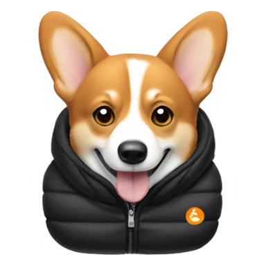corgi wearing a black puffer jacket with a small orange YC logo on the left chest sticker