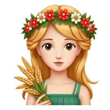 In Greek mythology, Persephone is portrayed as a youthful and attractive goddess with fair skin. She is commonly depicted wearing a wreath of flowers on her head and holding sheaves of grain or a flaming torch.  sticker