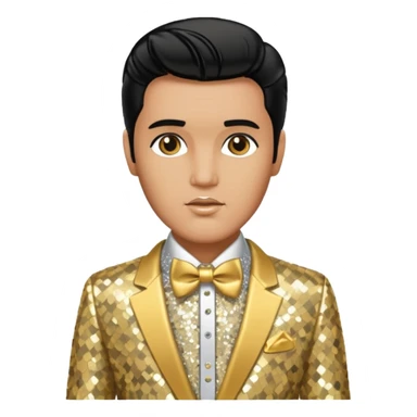 Elvis Presley with silver sequin shirt with gold bow tie, gold sequin suit sticker