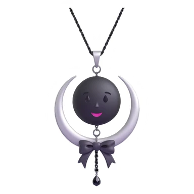 3D emoji gothic bow, white silk, silver crescent moon, black gemstone, black chain fringe sticker