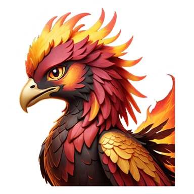 Cinematic Noble Battle-Hardened Mystical Fire Phoenix Portrait Emoji, with scorched, battle-scarred plumage in deep crimson, burnt gold, and smoldering ember hues. Its piercing eyes, hardened by countless conflicts, blaze with unyielding resolve and ancient wisdom. The elongated tail feathers bear vivid marks of fiery combat, rendered with lifelike texture and dynamic highlights, high shine, exuding an aura of mythic martial valor, focused and commanding, with a soft glowing outline that captures a phoenix forged in the fires of war. sticker