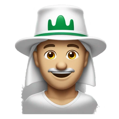 Cubby white wearing white saudi hat with only mustache smiling in a cheesy way lifting his eyebrows with a bit sleepy eyes has one missing tooth smiles with his teeth showing sticker