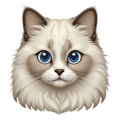 Cinematic-Fluffy-Seal-Ragdoll-Cat-Portrait-Emoji – Head tilted cutely with big, sparkling blue eyes, soft brown-and-white fur with darker seal points on the ears, face, and paws, simplified yet irresistibly adorable features, highly detailed, glowing with a soft and warm charm. sticker