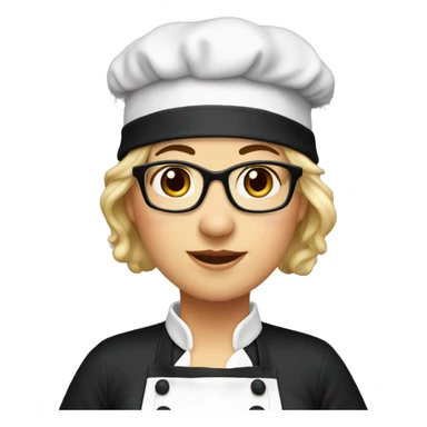 a female chef, chubby, mature,dark eyes , glasses, black apron, black hat sticker