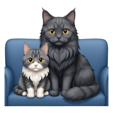 Portrait of a black smoke Maine Coon cat with long grey ear tufts, alongside a British Shorthair cat with a solid blue coat on sofa. Both cats with detailed fur textures and playful expressions. Soft, elegant background of room with flowers and natural tones. Transparent background. sticker