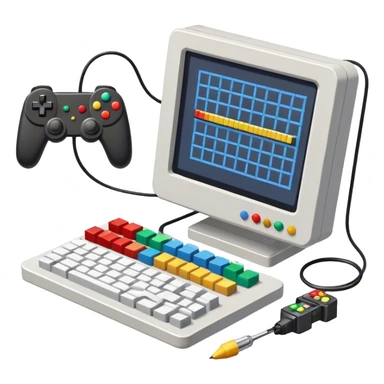 Icon for Game Design Development: a computer screen displaying a game interface, pixel art, 3D models, a game controller, and tools like a grid, stylus, and wireframe. Сonvey the process of game development, with elements representing design, coding, and interaction. Transparent background. sticker