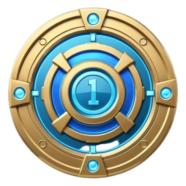 Futuristic anniversary medal badge, circular emblem with embossed Roman numeral I, metallic gold finish with electric blue glow accents, subtle outer energy ring, sci-fi web3 game UI style, polished 3D game asset, dark background, centered composition, high detail sticker