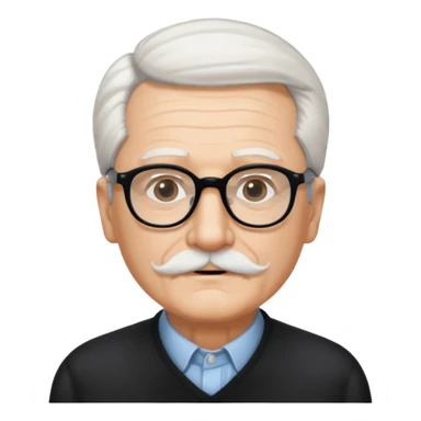 An elderly man with neatly combed white hair swept back, giving a tidy and classic look, and wears black rectangular glasses. His face is oval-shaped with  a small white mustache above his lips.d. sticker