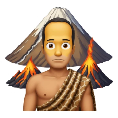 a simpson guy wearing ancient animal skin cloth with volcano behind, half body, icon sticker
