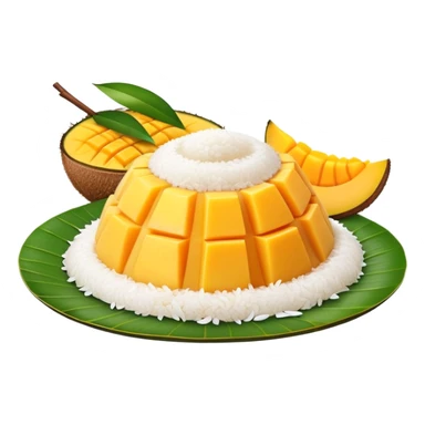 cinematic-realistic-mango-sticky-rice-dessert-emoji,-showcasing-sweet-sticky-rice out of a mould-paired-with-ripe-mango-slices-and-coconut-milk-rendered-with-lifelike-detail-and-warm,-inviting-lighting with the coconut  milk over the rice sticker