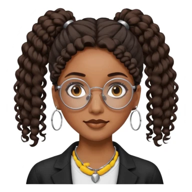 chica morena de ojos claros con gafas negras exagonales redondeadas. y pelo rizado castaño con todo el pelo recogido en una coleta . y un collar de plata . Con todo el pelo recogido un clen look sticker