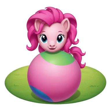 Pinkie Pie pony from My Little Pony happily bouncing on a big colorful ball, cartoon style, bright colors, cheerful expression, background with green meadow or playground sticker
